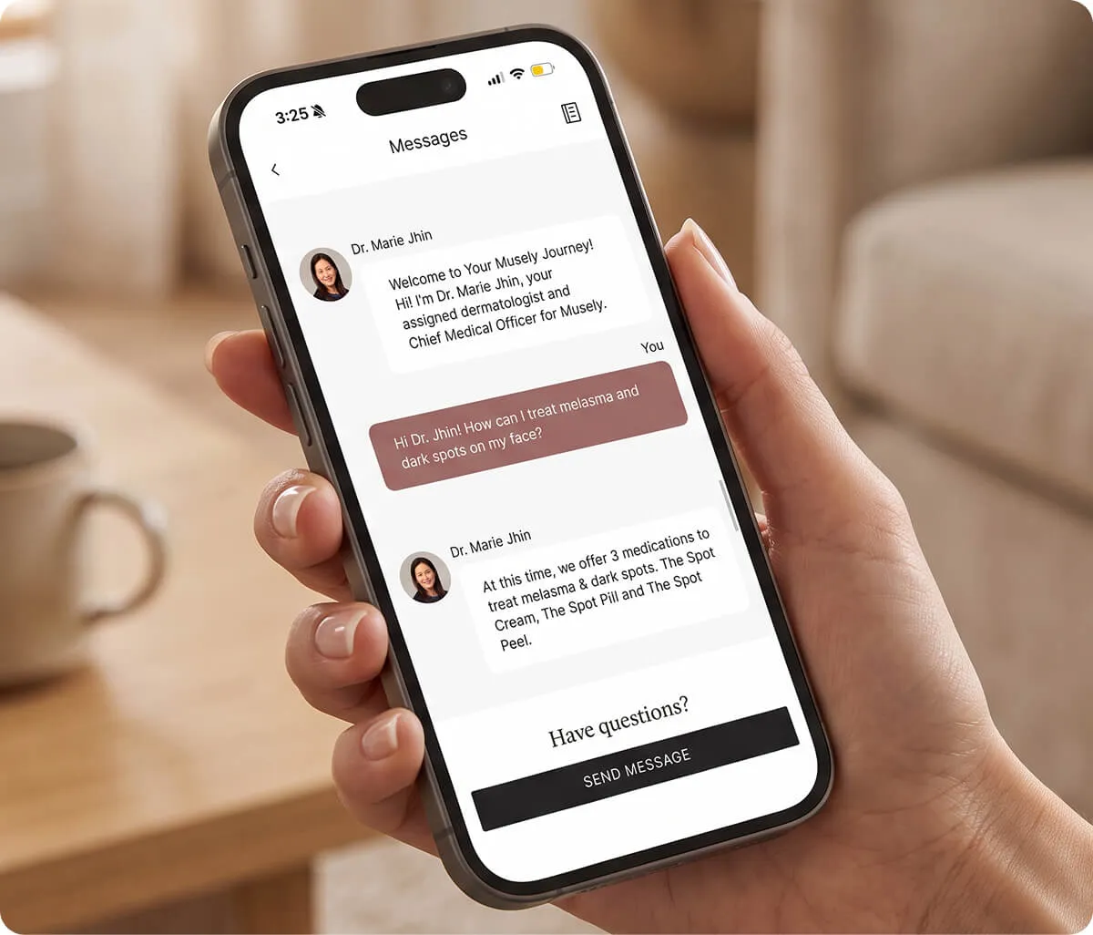 The Musely app's doctor messaging screen on a phone