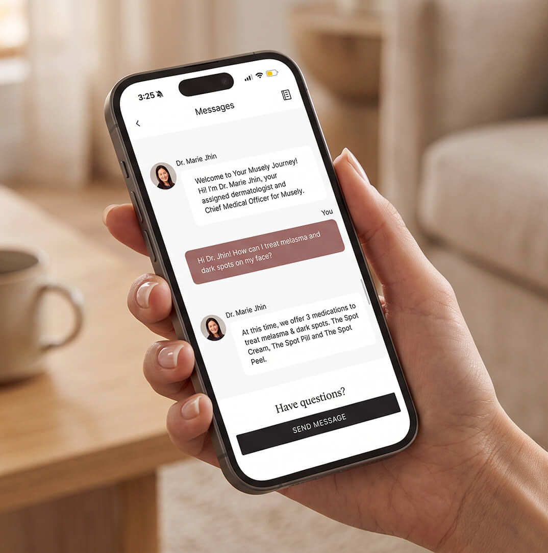 The Musely app's doctor messaging screen on a phone