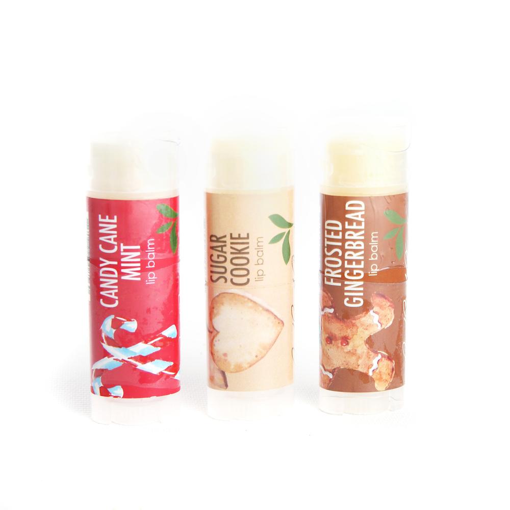 Special Gift Set - Holiday Lip Balm Natural Vegan set of 3 - Holiday Candy Cane, Sugar Cookie, Frosted Gingerbread