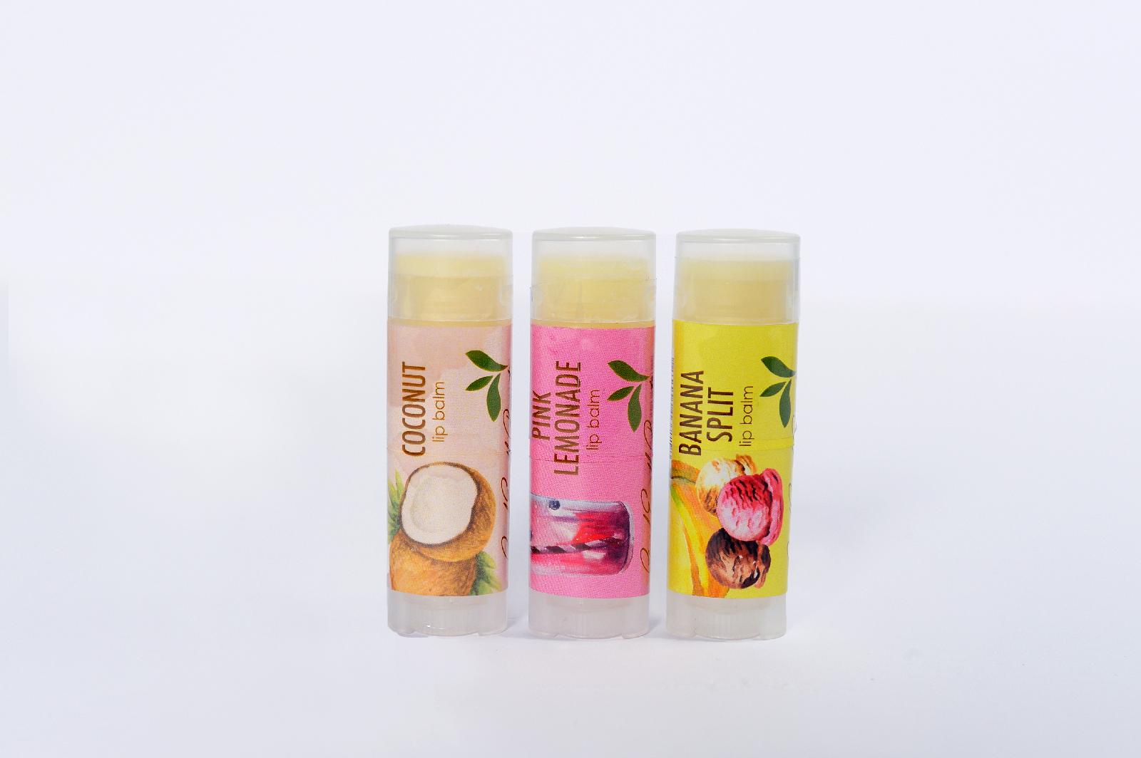 New Gift Set - Lip Balm Natural Vegan set of 3 Coconut, Banana Split, Pink Lemonade