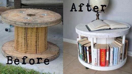 Musely And Old Cable Wheel To Make A Coffee Table Bookcase